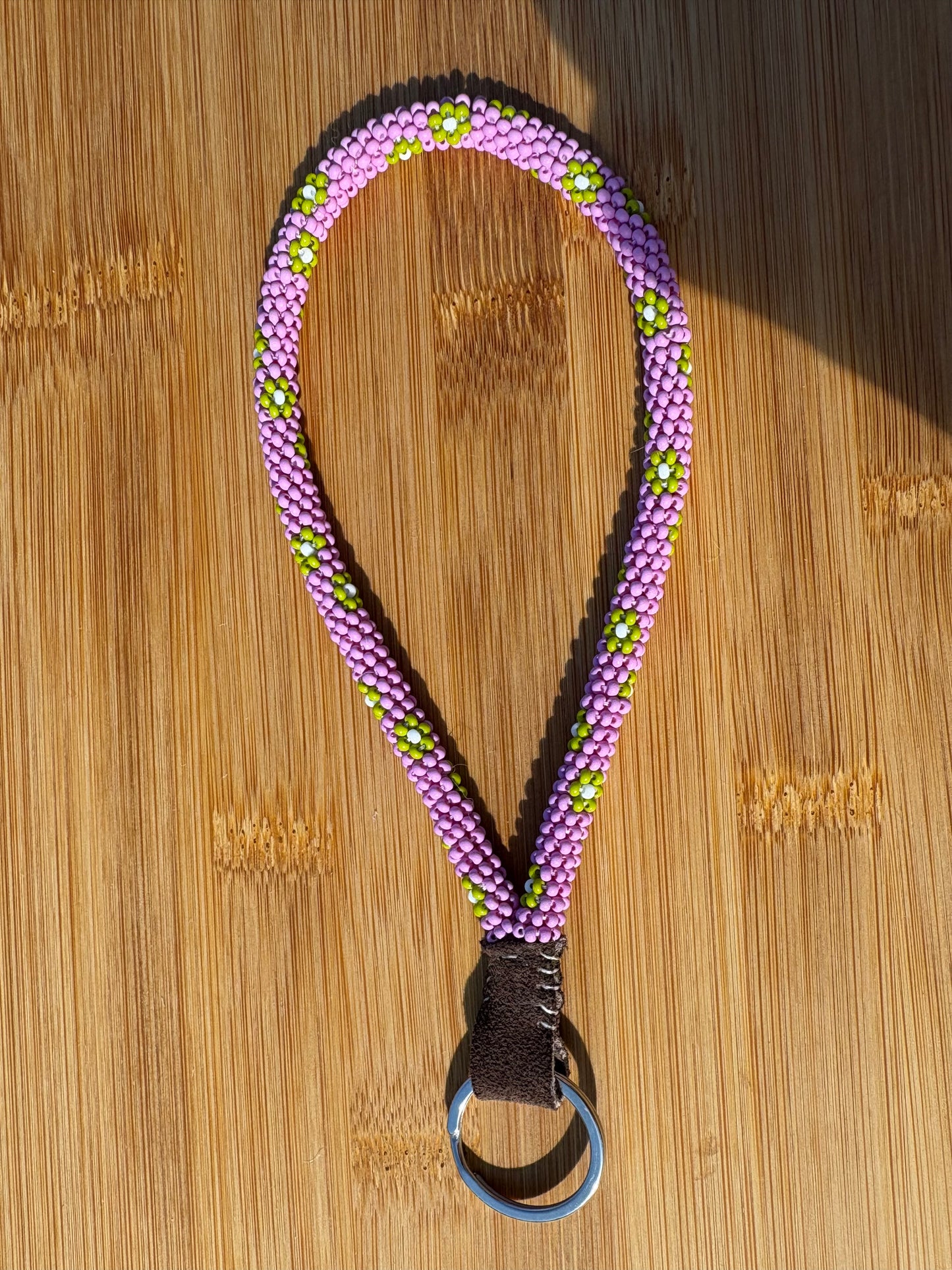 Purple Beaded Wristlet with Green Flowers