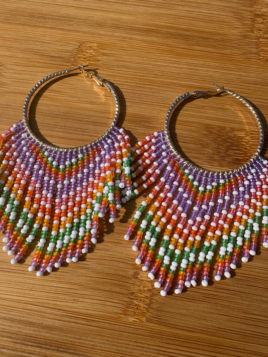 Gold Hoops Earrings with Colourful Fringe