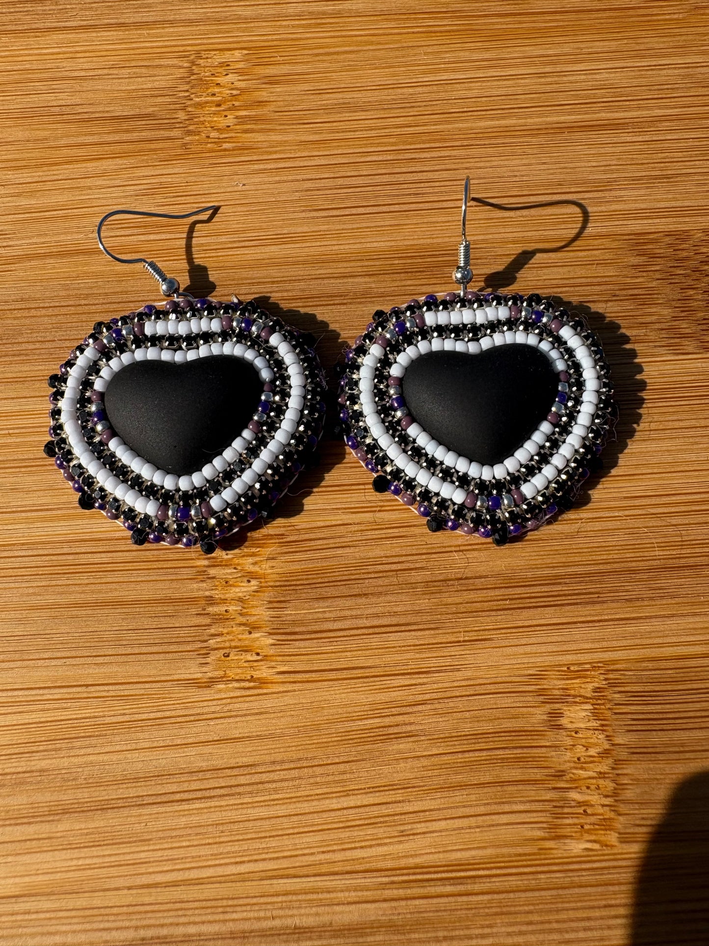 Black Heart Earrings with Purple Beads