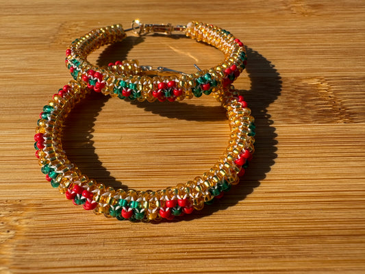 Gold Hoops with Red and Green Flowers