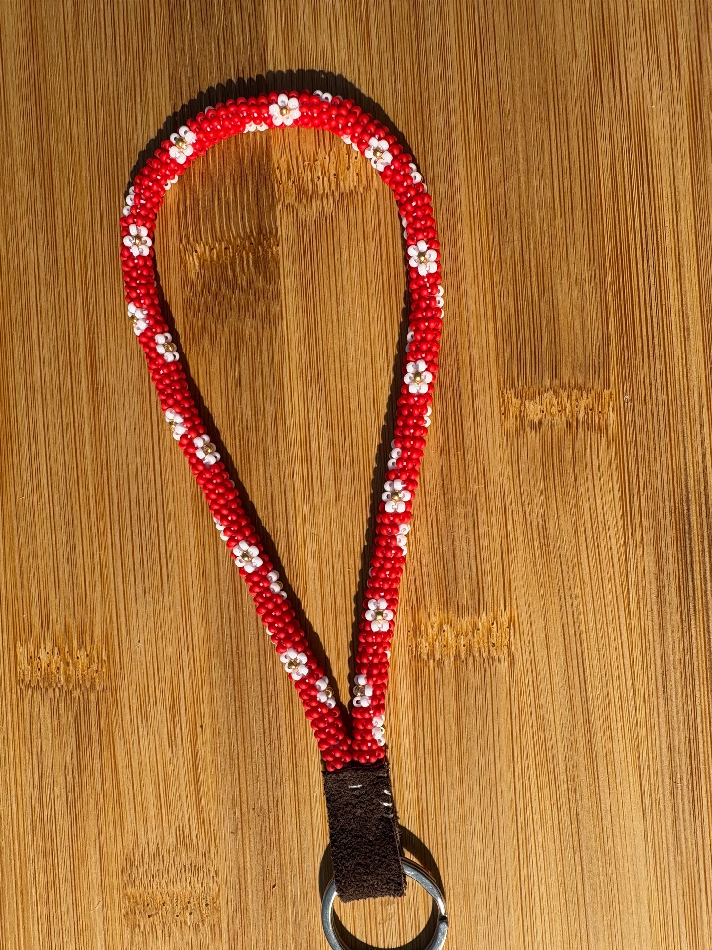 Red Beaded Wristlet with White Flowers