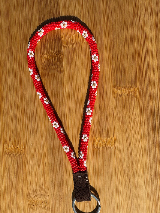 Red Beaded Wristlet with White Flowers
