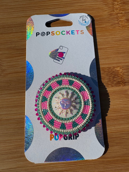 Pink and Teal Sun Beaded Phone Grip