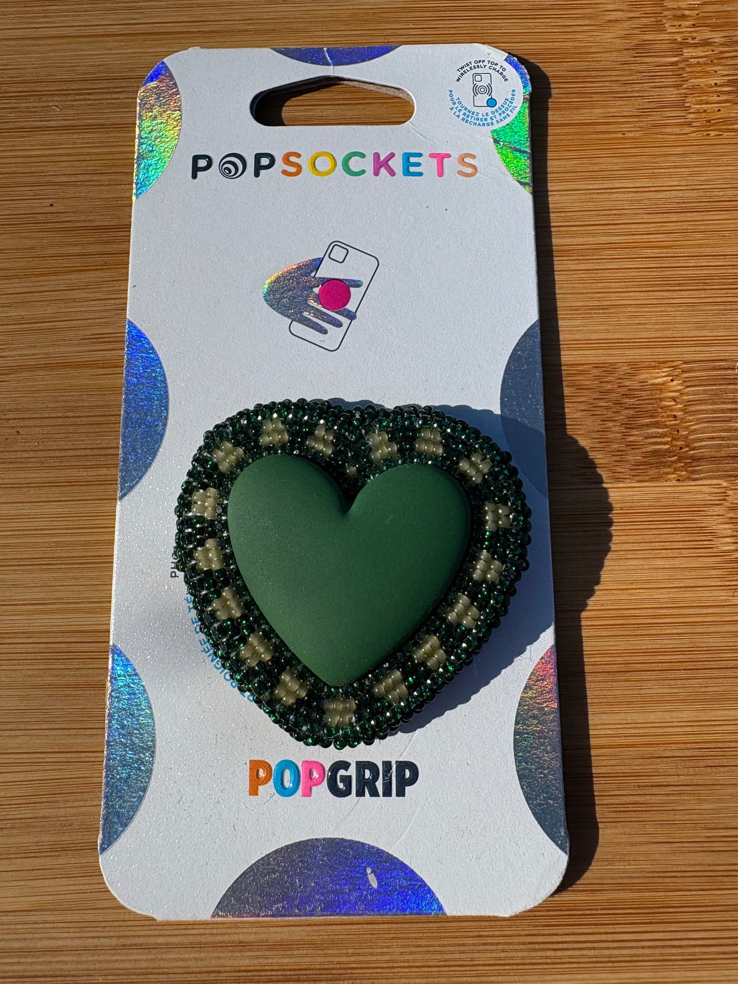 Green Heart Beaded Phone Grip